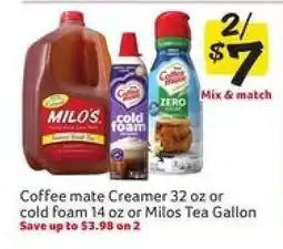 Winn Dixie Coffee mate Creamer 32 oz or cold foam 14 oz or Milos Tea Gallon offer