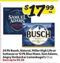 Winn Dixie Busch, Natural, Miller High Life, Icehouse, Blue Moon, Sam Adams, Angry Orchard, Leinenkugel's offer