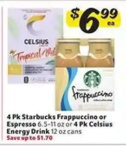 Winn Dixie 4 Pk Starbucks Frappuccino or Espresso or 4 Pk Celsius Energy Drink offer