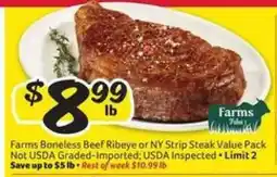 Winn Dixie Farms Boneless Beef Ribeye or NY Strip Steak Value Pack offer