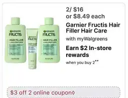 Walgreens Garnier Fructis Hair Filler Hair Care offer