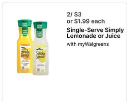 Walgreens Single-Serve Simply Lemonade or Juice offer