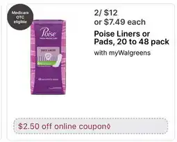 Walgreens Poise Liners or Pads, 20 to 48 pack offer