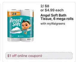 Walgreens Angel Soft Bath Tissue, 6 mega rolls offer