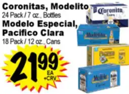 Superior Grocers Coronitas, Modelito 24 Pack / 7 oz., Bottles Modelo Especial, Pacifico Clara 18 Pack / 12 oz., Cans offer