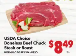 Vallarta Supermarkets USDA Choice Boneless Beef Chuck Steak or Roast / DIEZMILLO DE RES SIN HUESO offer