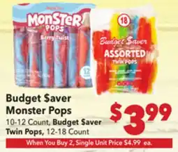 Vallarta Supermarkets Budget $aver Monster Pops offer