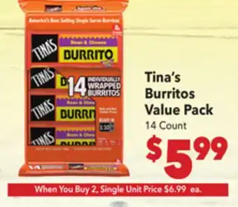 Vallarta Supermarkets Tina's Burritos Value Pack offer
