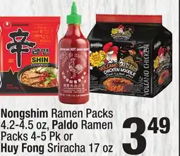 Super King Markets Nongshim Ramen Packs 4.2-4.5 oz, Paldo Ramen Packs 4-5 Pk or Huy Fong Sriracha 17 oz offer