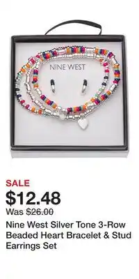 Kohl's Nine West Silver Tone 3-Row Beaded Heart Bracelet & Stud Earrings Set offer