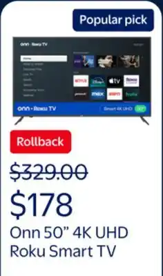 Walmart onn 50 Class 4K UHD (2160P) LED Roku Smart Television HDR (100012585) offer