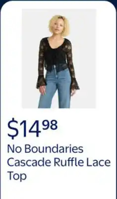 Walmart No Boundaries Cascade Ruffle Tie Front Lace Top with Bell Sleeves, Women's offer