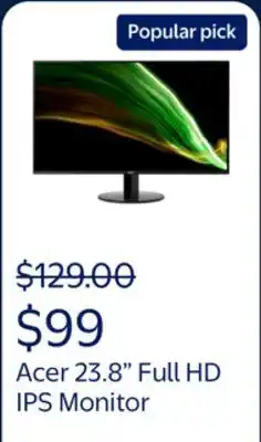 Walmart Acer 23.8 Full HD (1920 x 1080) Ultra-Thin IPS Monitor, 75Hz, 1ms VRB, SA242Y EBI , Acer Visioncare offer