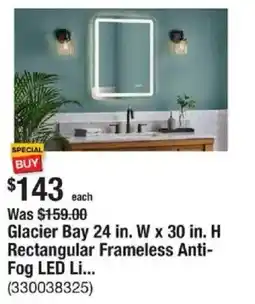 The Home Depot Glacier Bay 24 in. W x 30 in. H Rectangular Frameless Anti- Fog LED Li... offer