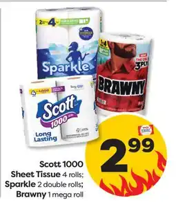 Weis Markets Scott 1000 Sheet Tissue 4 rolls Sparkle 2 double rolls Brawny 1 mega roll offer