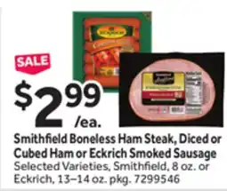 Stop&Shop Smithfield Boneless Ham Steak, Diced or Cubed Ham or Eckrich Smoked Sausage offer