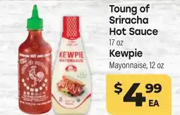 Tony’s Fresh Market Toung of Sriracha Hot Sauce 17 oz, Kewpie Mayonnaise, 12 oz offer