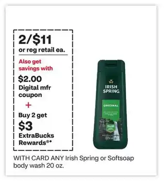 CVS ANY Irish Spring or Softsoap body wash 20 oz offer