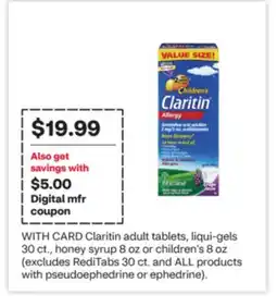 CVS Claritin adult tablets, liqui-gels 30 ct., honey syrup 8 oz or children's 8 oz offer