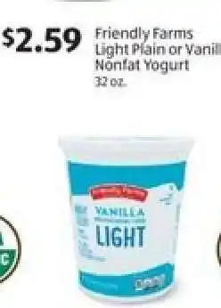 Aldi Friendly Farms Light Plain or Vanilla Nonfat Yogurt offer