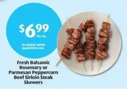 Aldi Fresh Balsamic Rosemary or Parmesan Peppercorn Beef Sirloin Steak Skewers offer