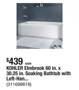 The Home Depot KOHLER Elmbrook 60 in. x 30.25 in. Soaking Bathtub with Left-Hand Drain in White offer