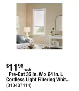 The Home Depot Pre-Cut 35 in. W x 64 in. L Cordless Light Filtering White Vinyl Mini Blind with 1 in. Slats offer