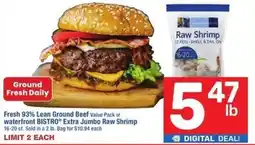 Albertsons Fresh 93% lean ground beef value pack or waterfront bistro extra jumbo raw shrimp offer