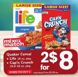ACME Quaker Cereal, Life 18 oz. pkg. Cap'n Crunch offer