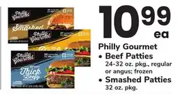 ACME Philly Gourmet Beef Patties 24-32 oz. pkg., regular or angus frozen, Smashed Patties 32 oz. pkg offer