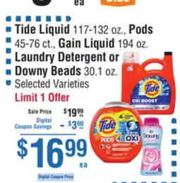 Smart & Final Tide Liquid, Pods, Gain Liquid Laundry Detergent or Downy Beads offer