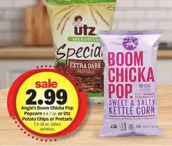 Meijer Angie's Boom Chicka Pop Popcorn 4.4-7 oz. or Utz Potato Chips or Pretzels 7.5-16 oz offer