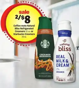 Meijer Coffee mate Natural Bliss Refrigerated Creamers 32 oz. or Starbucks Creamers 28 oz offer