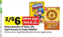 Meijer Honey Bunches of Oats, Life, Cap'n Crunch or Fruity Pebbles offer