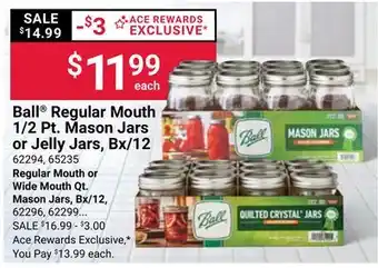 Ace Hardware Ball Regular Mouth 1/2 Pt. Mason Jars or Jelly Jars, Bx/12 offer