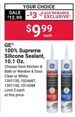 Ace Hardware GE 100% Supreme Silicone Sealant, 10.1 Oz offer