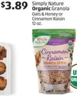 Aldi Simply Nature Organic Granola Oats & Honey or Cinnamon Raisin offer