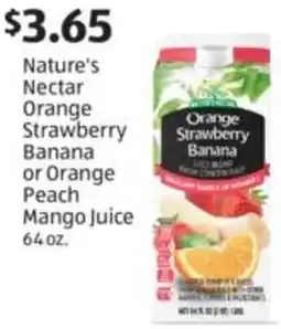 Aldi Nature's Nectar Orange Strawberry Banana or Orange Peach Mango Juice offer