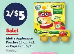 Family Dollar Mott's Applesauce Pouches 3.2 oz., 4 pk. or Cups 4 oz., 6 pk offer