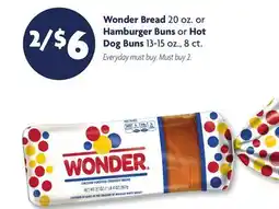 Family Dollar Wonder Bread 20 oz. or Hamburger Buns or Hot Dog Buns 13-15 oz., 8 ct offer