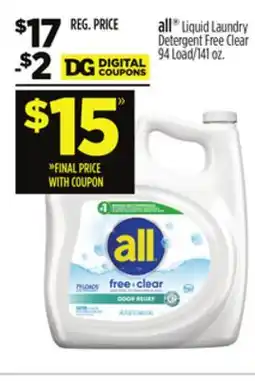 Dollar General all Liquid Laundry Detergent Free Clear offer