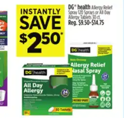 Dollar General DG health Allergy Relief Spray 120 Sprays or All Day Allergy Tablets 30 ct offer