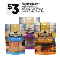 Dollar General Heartland Farms Dog Treats Chicken or Duck Jerky 2.5 oz. or Sweet Potato & Chicken Wraps 3 oz offer