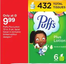 Target Puffs Plus Lotion 72-ct. 6-pk. facial tissue in exclusive limited-edition designs.† offer
