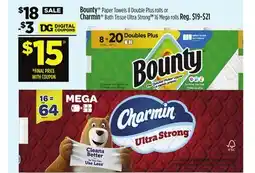 Dollar General Bounty Paper Towels 8 Double Plus rolls or Charmin Bath Tissue Ultra Strong 16 Mega rolls offer