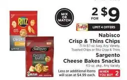 ShopRite Nabisco Crisp & Thins Chips, Sargento Cheese Bakes Snacks offer
