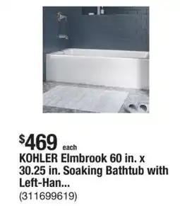 The Home Depot KOHLER Elmbrook 60 in. x 30.25 in. Soaking Bathtub with Left-Hand offer