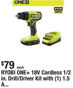 The Home Depot RYOBI ONE+ 18V Cordless 1/2 in. Drill/Driver Kit with (1) 1.5 offer