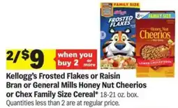 Meijer Kellogg's Frosted Flakes or Raisin Bran or General Mills Honey Nut Cheerios or Chex Family Size Cereal offer