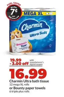 Hy-Vee Charmin Ultra bath tissue 12 mega XL rolls or Bounty paper towels 6 triple plus rolls offer